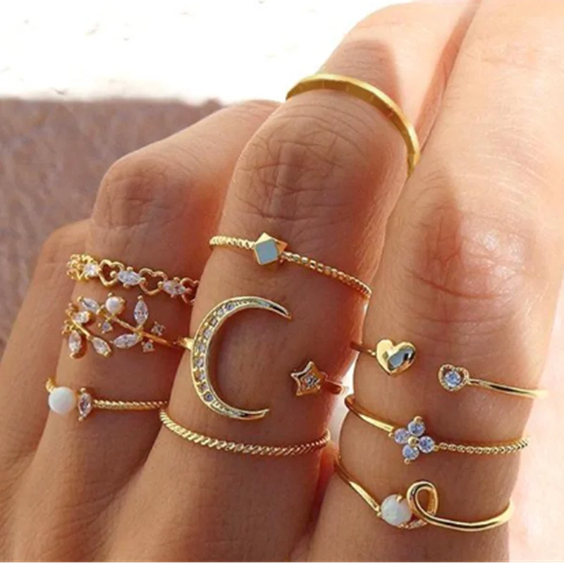 ORZTOON Boho Vintage Gold Color Moon Knuckle Rings Set For Women Crystal Star Geometric Female Finger Rings Jewelry 2024 New