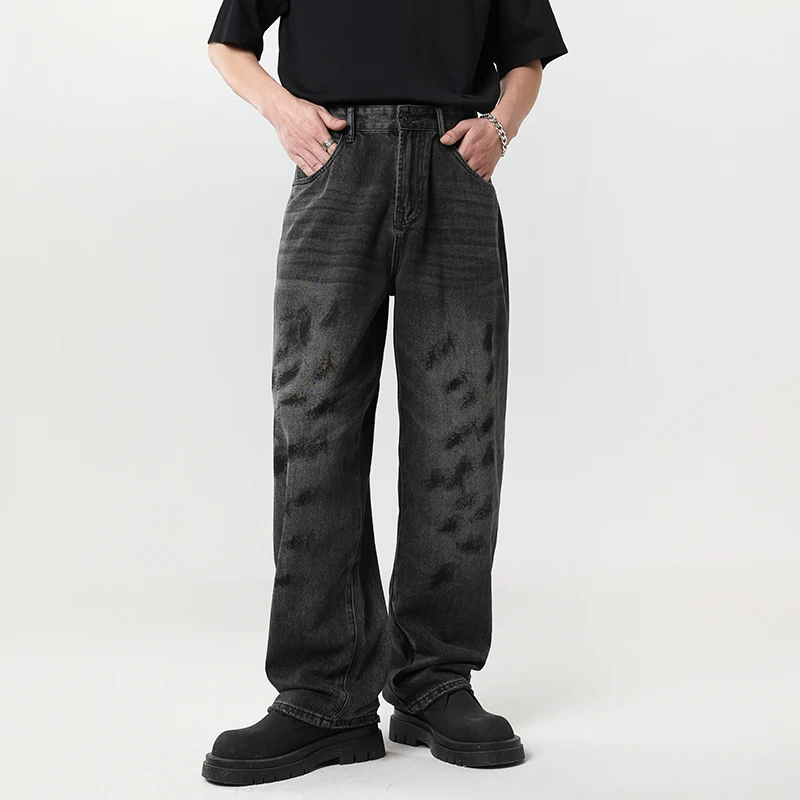 Black Gray Jeans Male Broken Hole Design Loose Trendy Retro Korean TypeinsStreet Fashion Wide-Leg Straight-Leg Trousers