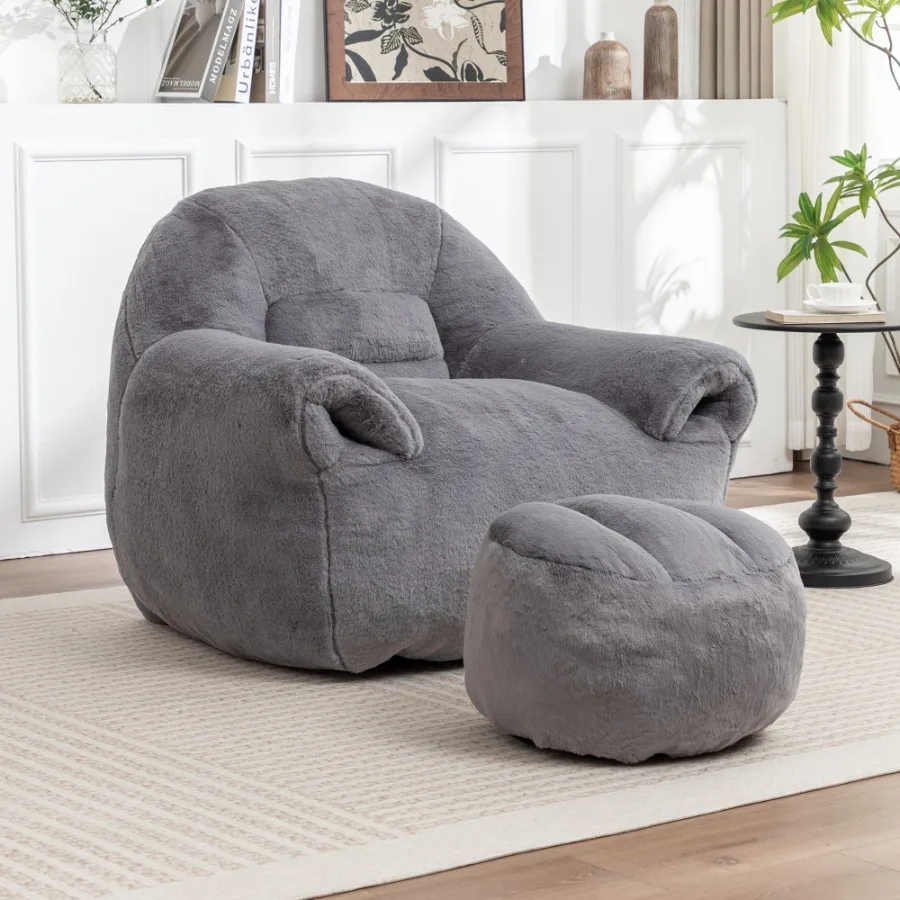 Bean Bag Chair, Comfy Bean Bag Sofa With Back Support, With Footstool, Faux Fur Bean Bag Chair For Adults And,Stuffed Floor Sof