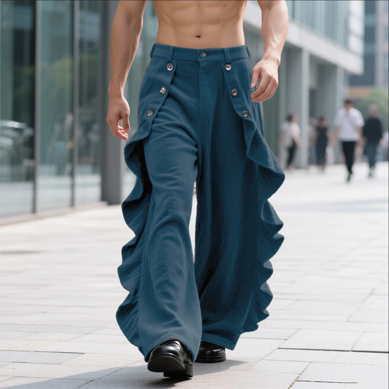 INCERUN Men Pants Solid Color Button Joggers Loose Ruffle Casual Trousers Men Streetwear 2025 Fashion Leisure Straight Pants