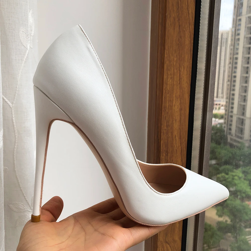 Tikicup White Matte Women Classic Style Pointy Toe High Heel Dress Shoes Elegant Ladies Slip On Stiletto Pumps 8cm 10cm 12cm