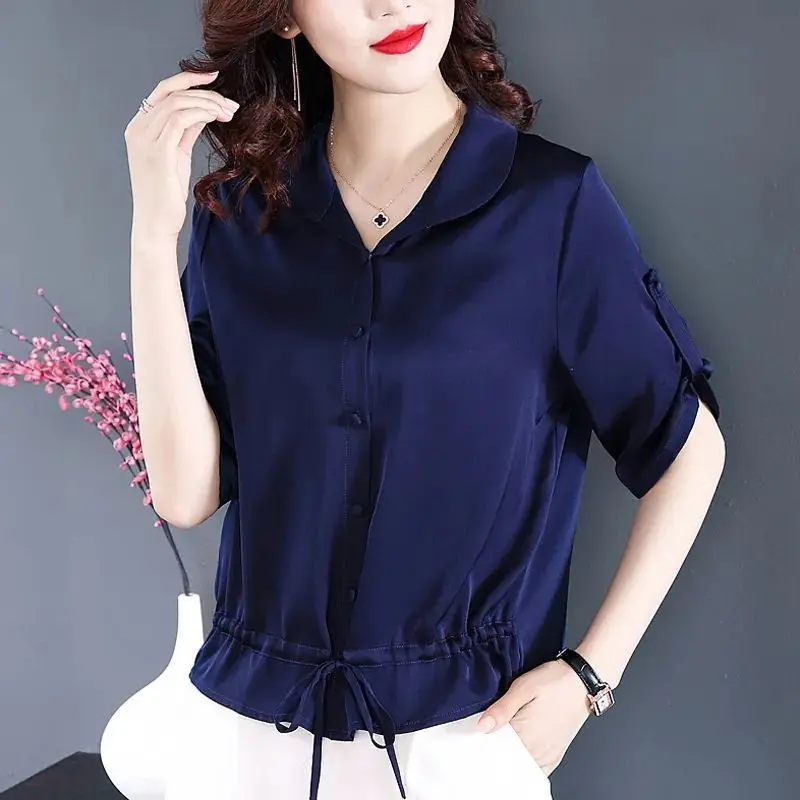 Summer Temperament Fashion Commuting Simple and Loose Casual Oversize Lapel Waist Collection Solid Color Short Sleeved Shirt