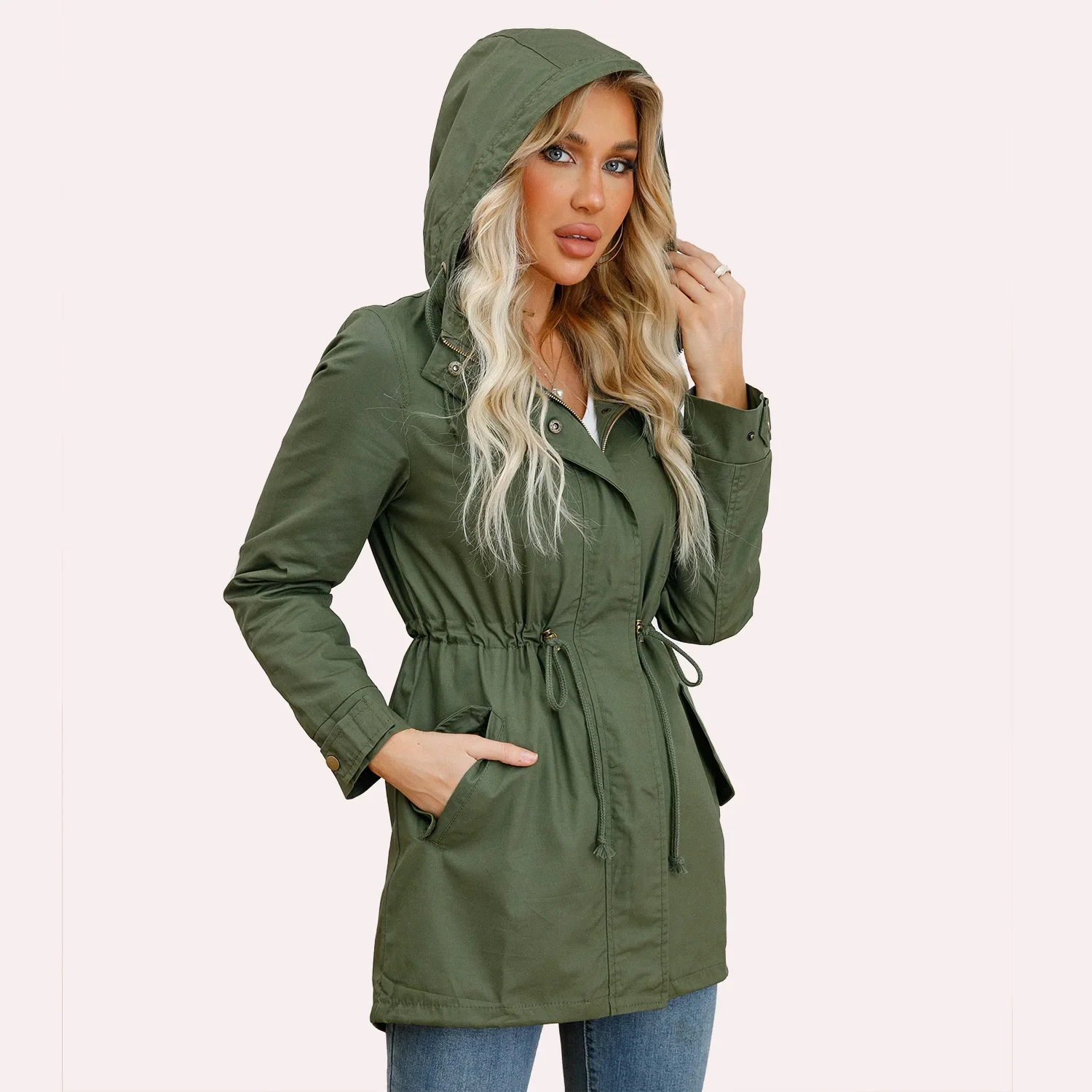 Cappotto donna cappotti di media lunghezza Trench con cappuccio cerniera giacca con coulisse manica intera Casual Regular Slim Fit Solid Splice giacche