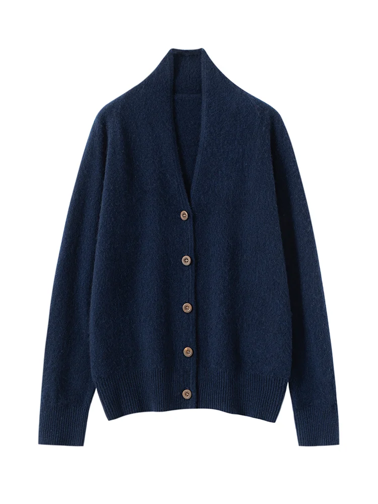 MEETCC المرأة Fashion100% سترة الكشمير المعنقة سترة الخامس الرقبة حماية حافة ملزمة معطف الخريف الشتاء لينة الدافئة تريكو القمم #5