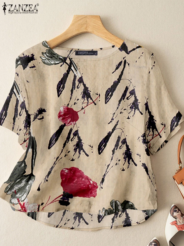 ZANZEA Koszulki z mieszanki bawełny w stylu vintage z kwiatowym nadrukiem 2025 Letnie bluzki z półrękawkiem i dekoltem w kształcie litery O na co dzień Lekkie koszulki