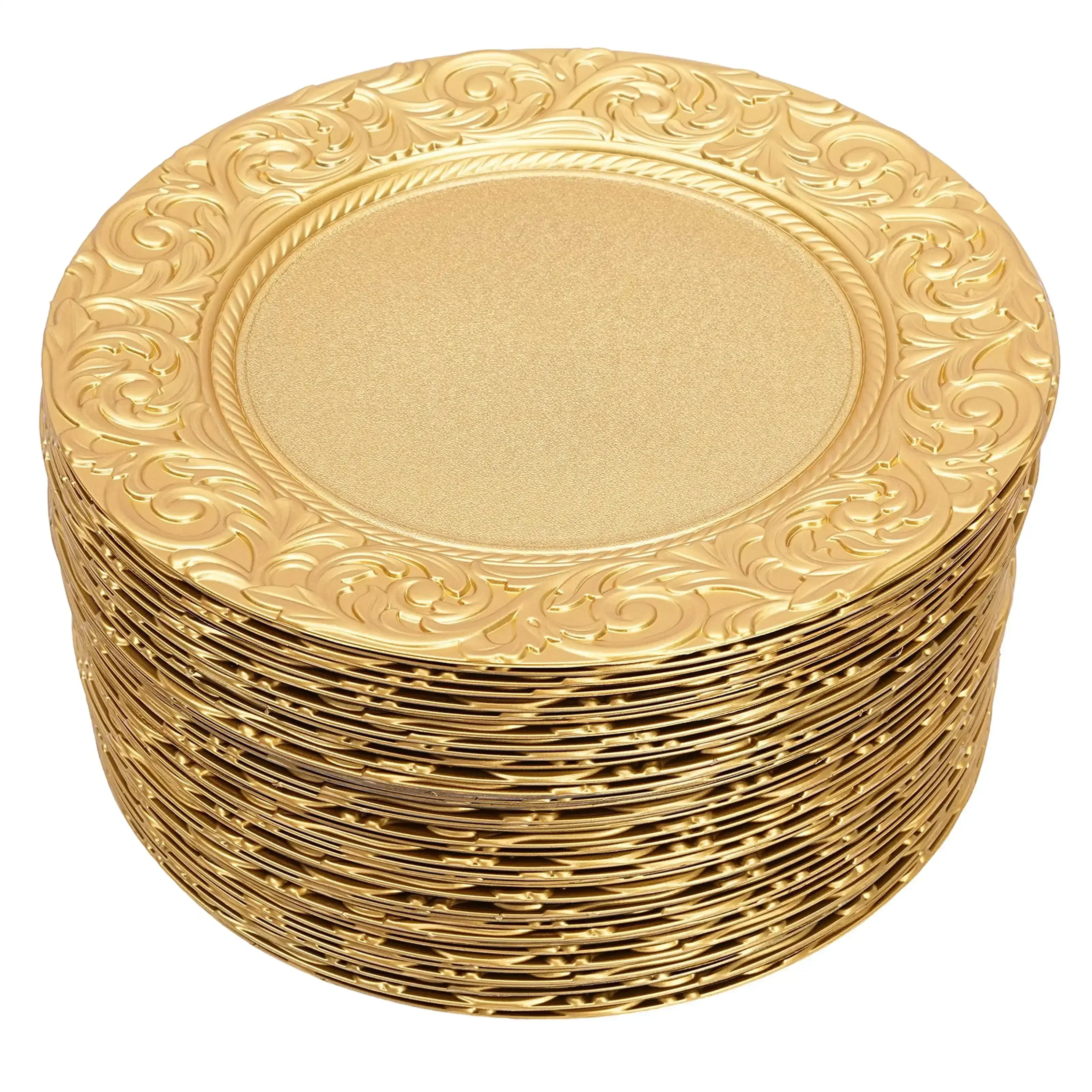

100 Pcs Antique Charger Plates, Bulk Gold Round Plastic Dinner Plate, Embossed Rim Server Plate, Decorative Chargers Floral Plates, suitable for Dinner Parties Wedding Christmas,13 Inch (Gold )