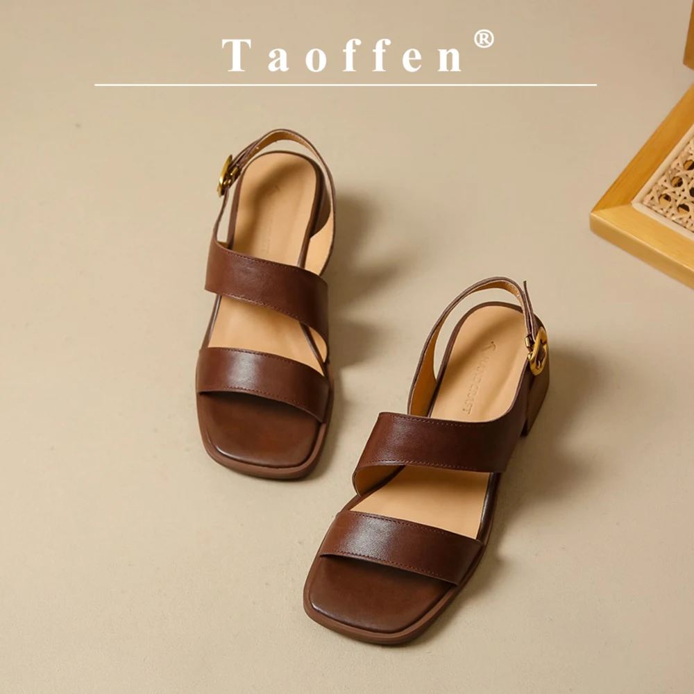 Taoffen Genuine Leather Sandals Casual Street Style Summer Roman Sandals Square Heel Female Open Toe Buckle Strap Women\'s Shoes