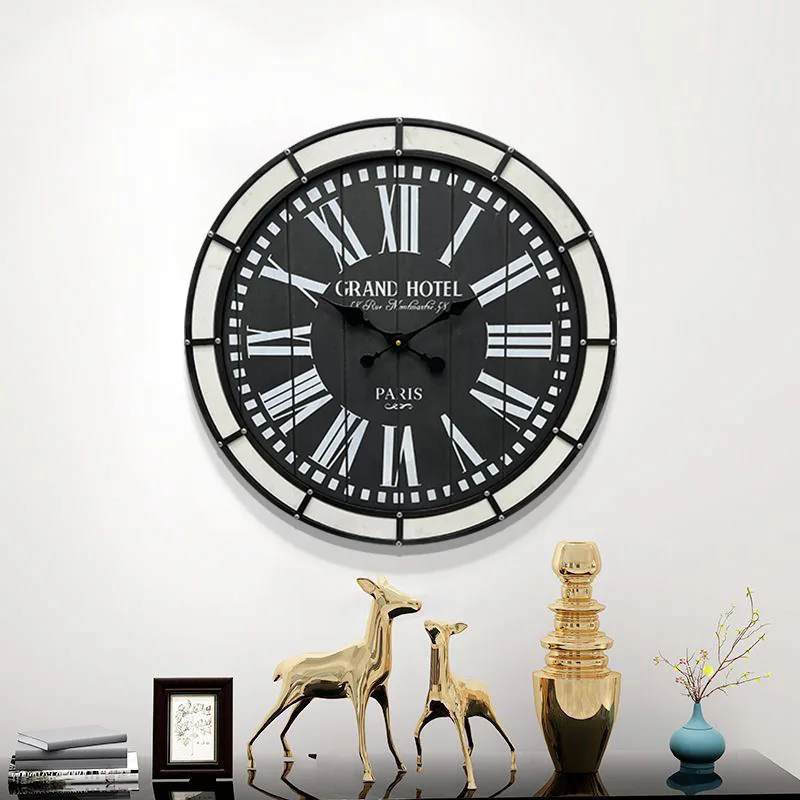 70CM black rivet, wooden Roman numeral Iron Art Wall Clock