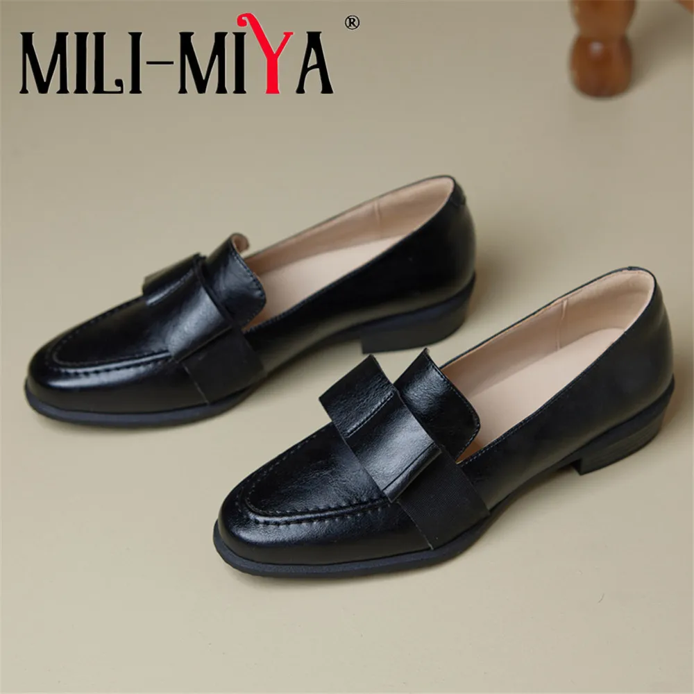 

MILI-MIYA Women's Cow Leather Round-Toe Minimalist Pumps Comfortable Low Block Heel Slip-On Solid-Colour Casual Shoes For Ladies