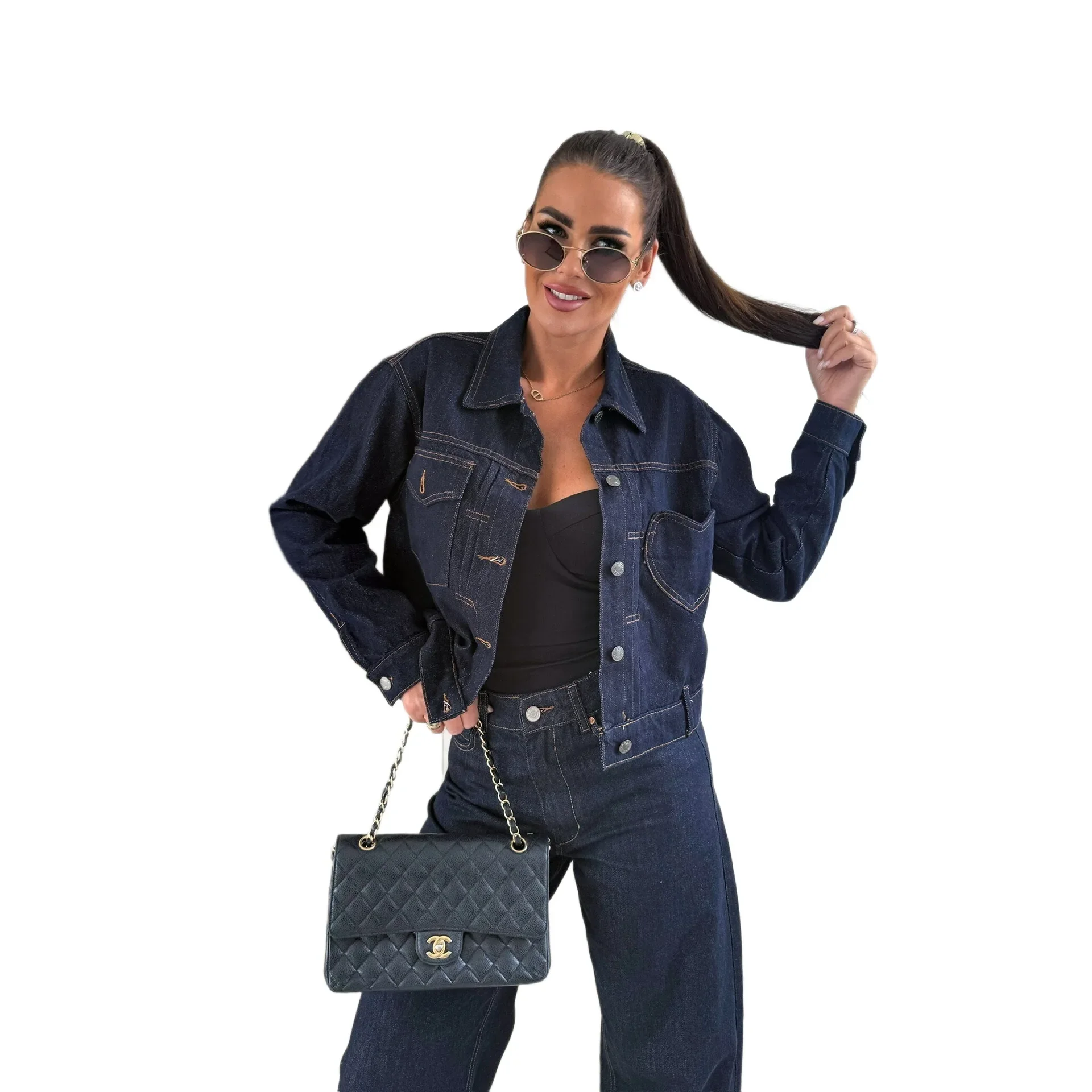 

2025 New Heart Shaped Pocket Slim Fit Short Denim Jacket Women's Style Street Fashion Cotton Long Sleeve Outerwear