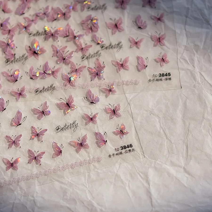 1pcs 5D Exquisite Kawaii Pink Butterfly Nail Art Stickers Japanese Glitter Adhesive Manicure Decorations Tool Decals Accessories