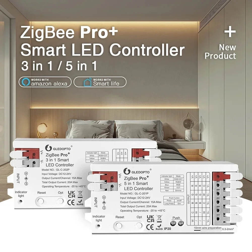 

GLEDOPTO ZigBee 3.0 Pro+ 5 in 1 /3 in 1 LED Controller 20A DC 12V-24V Max Alexa Homey Tuya Smart Life APP Control for led strip