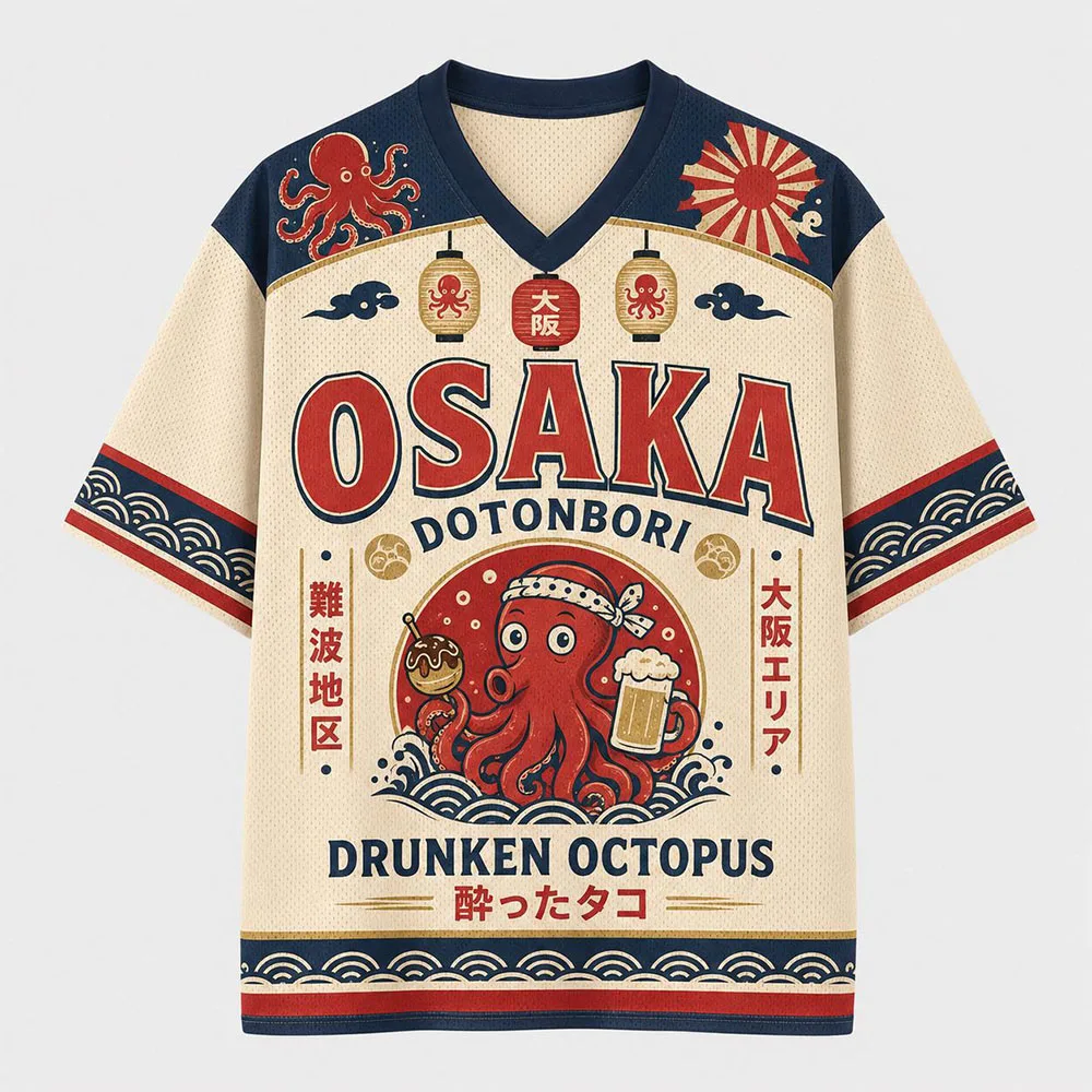 Camiseta de Fútbol Osaka Dotonbori, Camiseta de Fútbol con Diseño de Pulpo Japonés, Souvenir de Viaje, Camiseta con Gráficos de Comida Callejera, Ropa Retro de Japón, Ramen