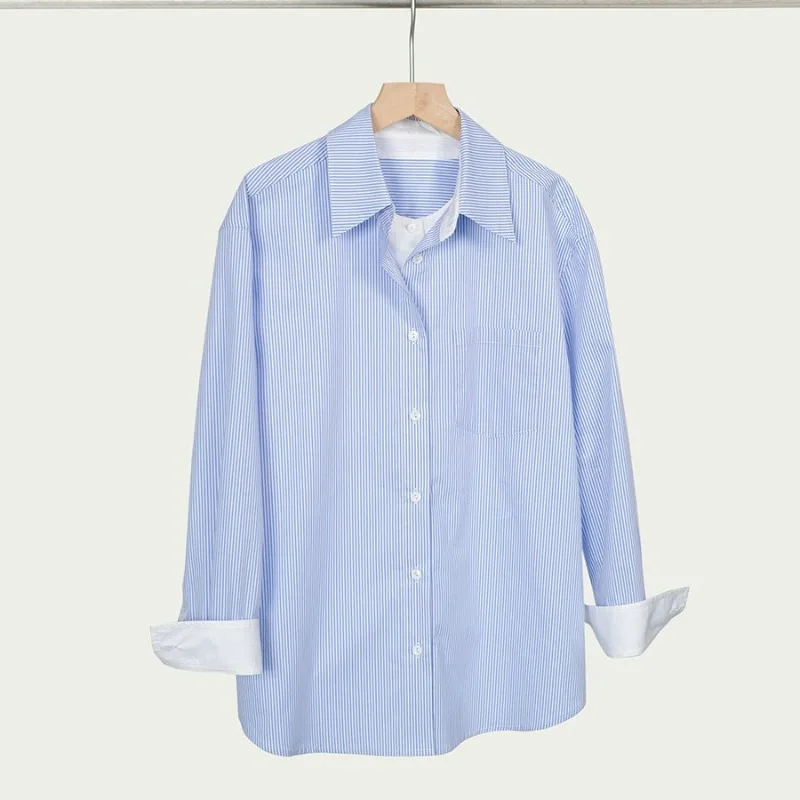 春夏コットンルーズフェイクツーピース青と白のストライプのコントラストシャツ絶妙なデザイン長袖トップ
