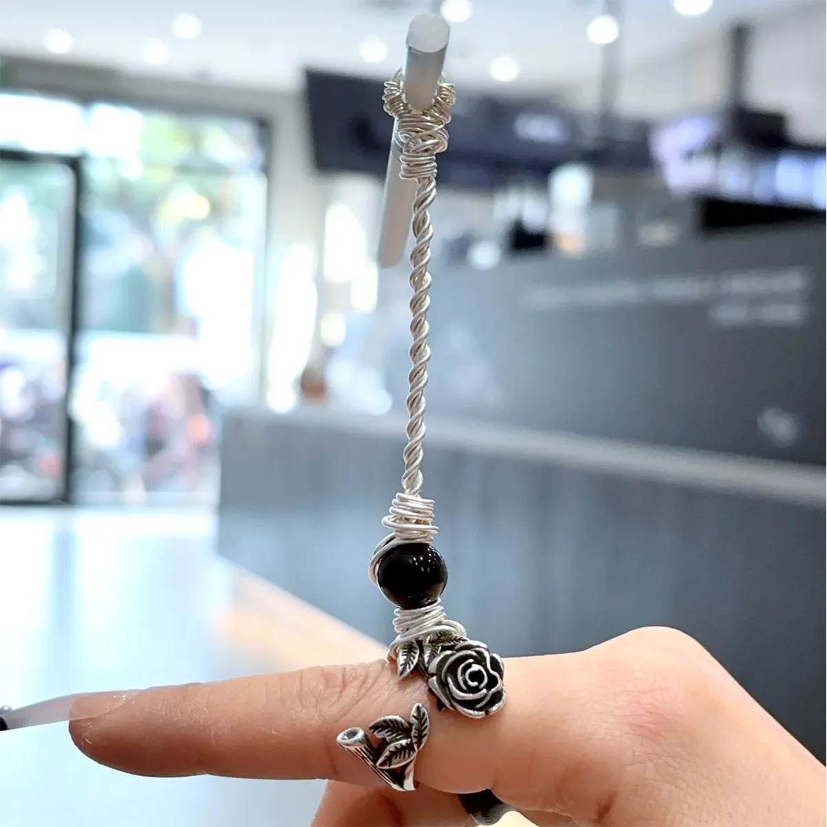 Handmade Vintage Silver Black Rose Wire Wrapped Ring Black Gemstone Bead Finger Clip Wand Gothic Romantic Aesthetic Nail Protect