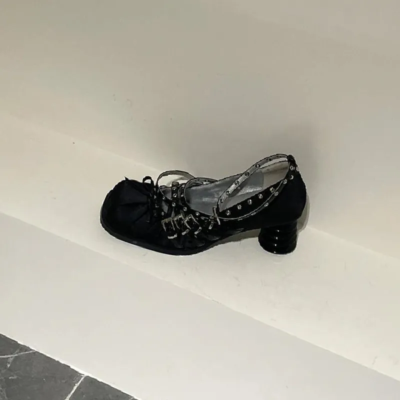 New Balletcore French Women Mary Jane High Heels, Square Toe 7CM Irregular Spiral Heel, Rivet Strap Bow Avant Garde Dress Pumps