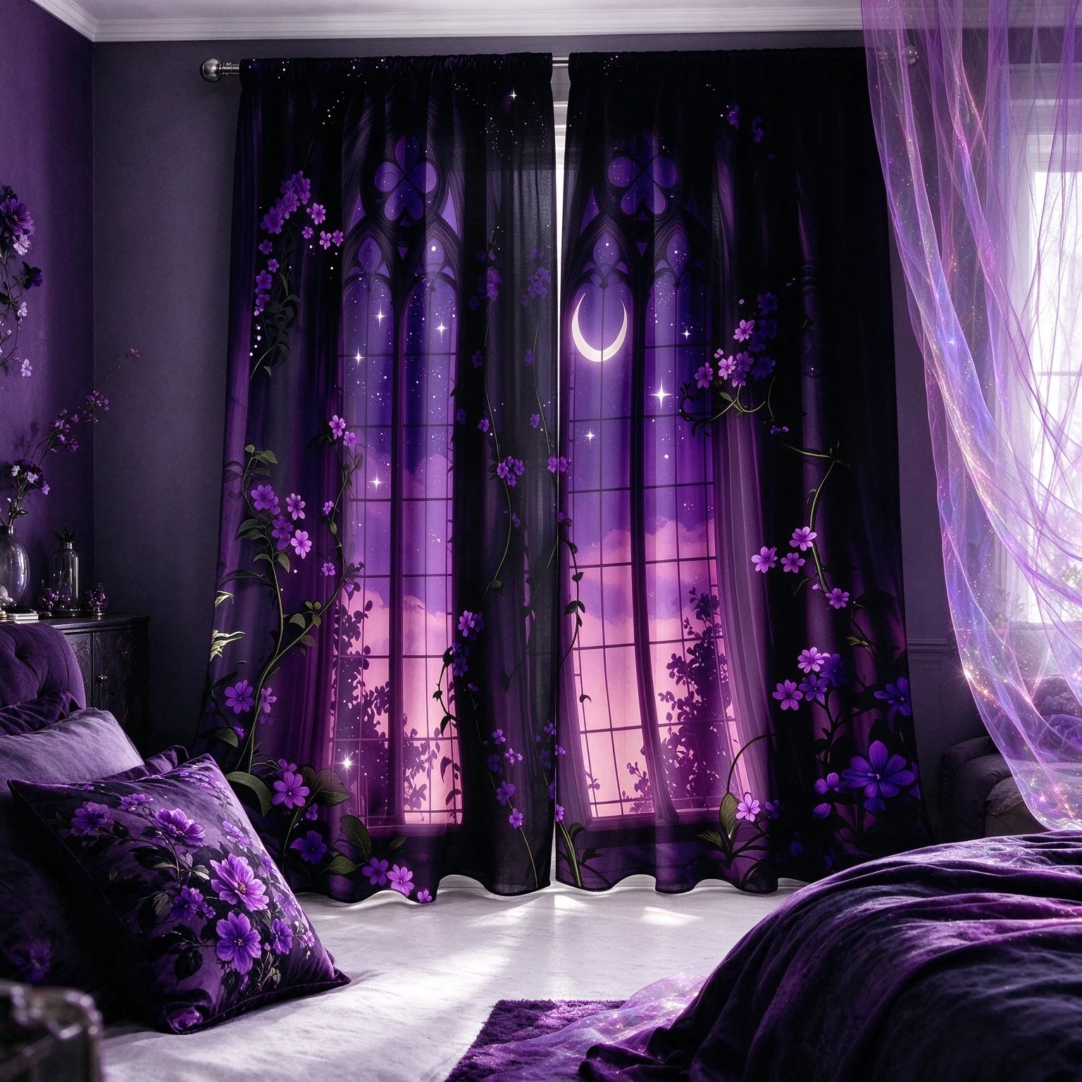2PCS Gothic Digital Print Curtains, Purple Window Moon Flowers Vines, Fantasy Magical Style, Bedroom Living Room Home Decor