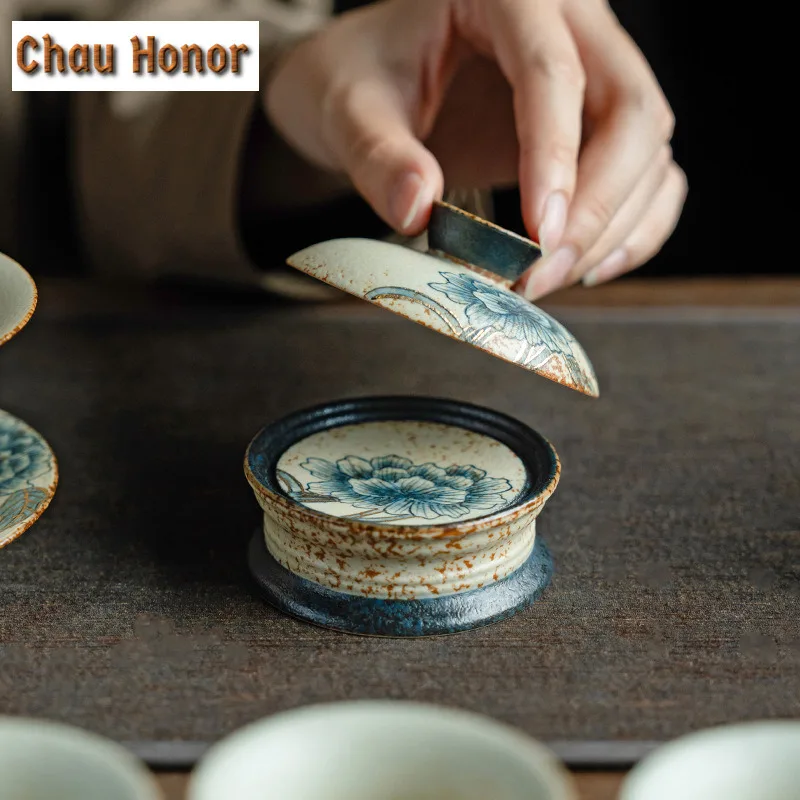 

Blue And White Flint Red Teapot Cover Holder Handmade Gold Drawing Peony Flower Cover Frame Zisha Pot Lid Shelf Teaware Craft