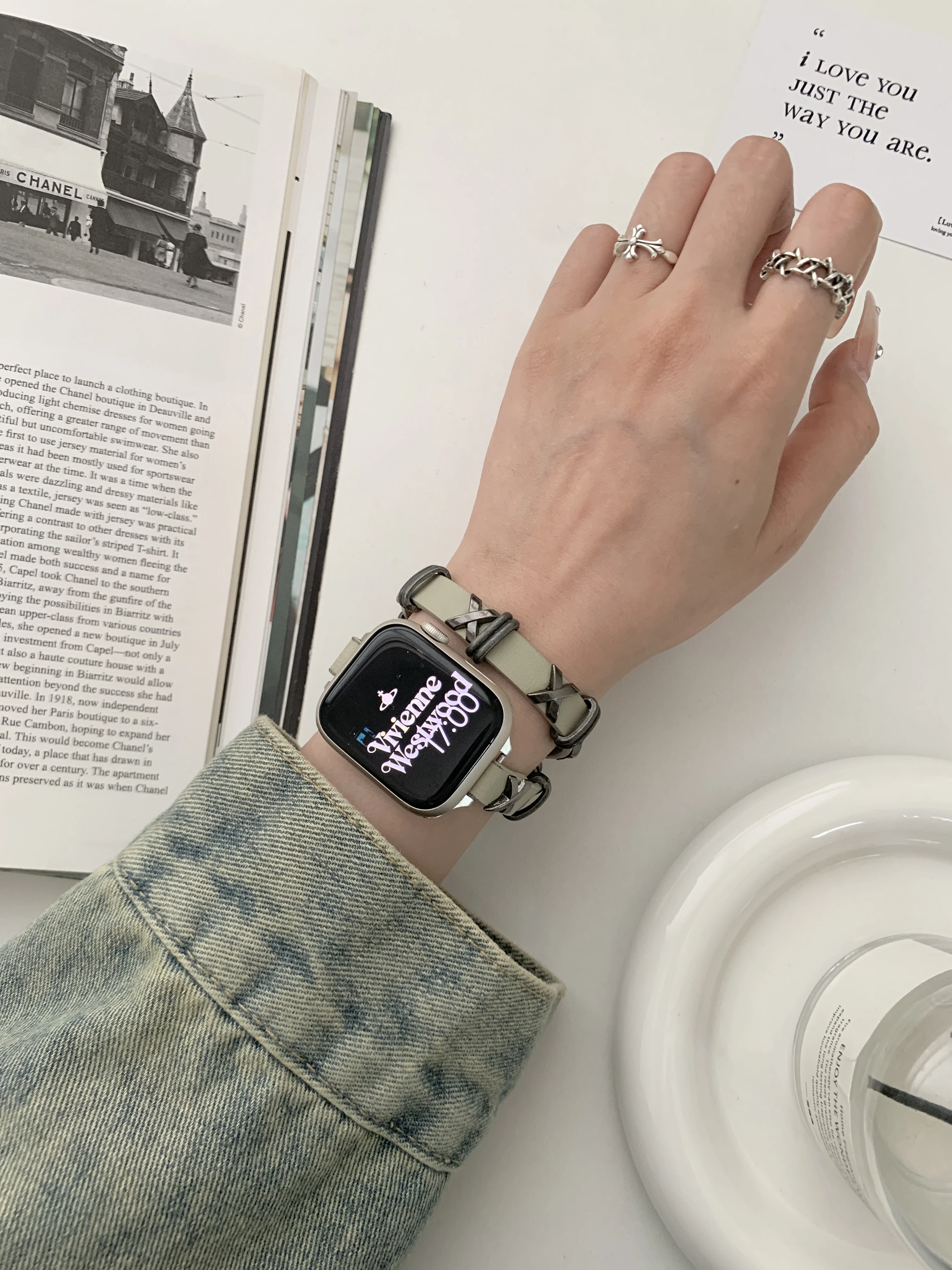 Металлический ремешок в стиле ретро для Apple watch, браслет с двойной цепочкой для iwatch 9 Ultra38 40 4142 44 45 49 мм, женский кожаный браслет