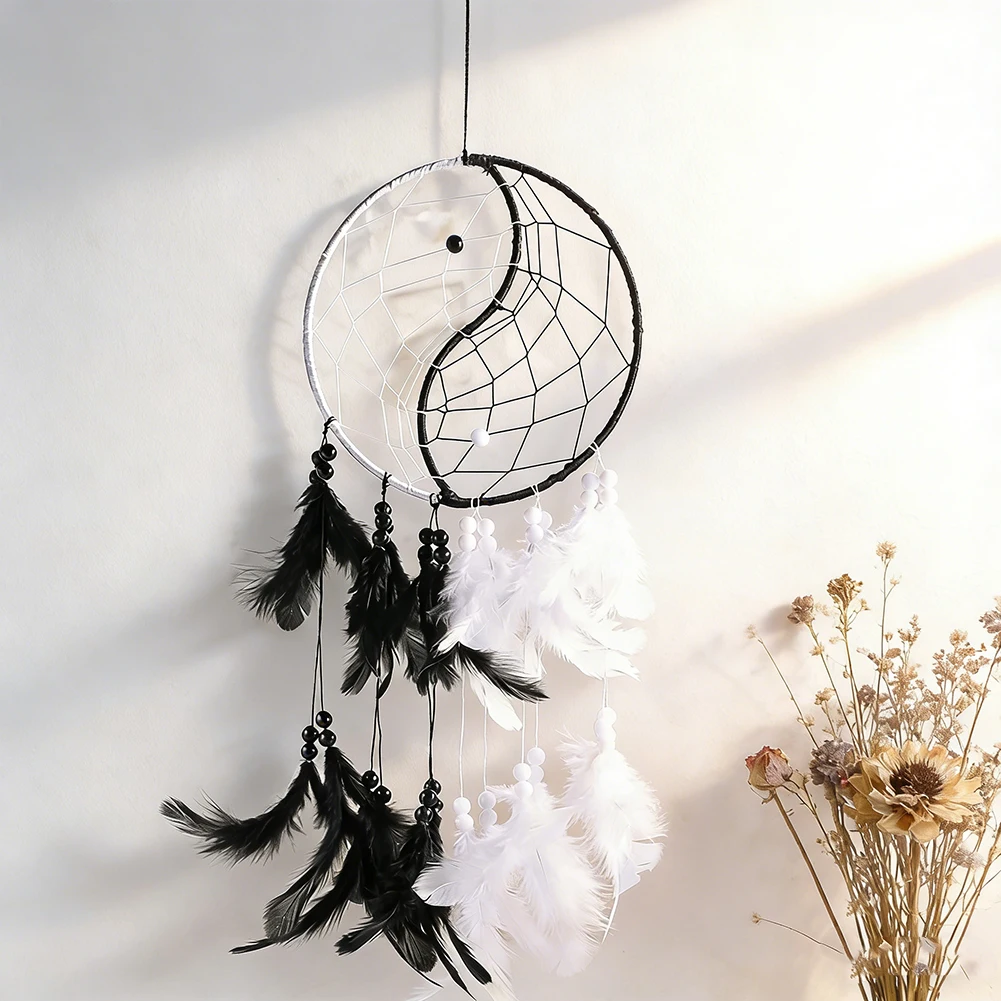 Yin Yang Tai Chi Black White Feather Dream Catcher for Wall Hanging Home Decor Meditation Ornament Supply Wholesale