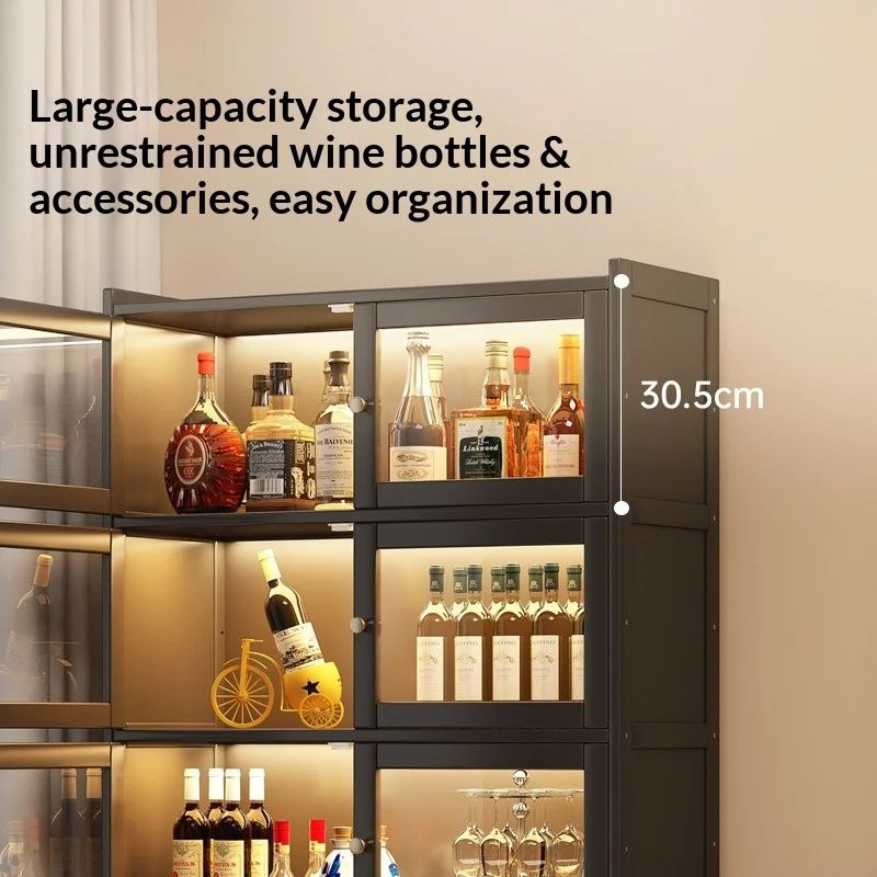 Tall Liquor Cabinet with LED Light & Glass Doors, Multi-layer Storage Display Cabinet for Wine in Home Living Room Interior