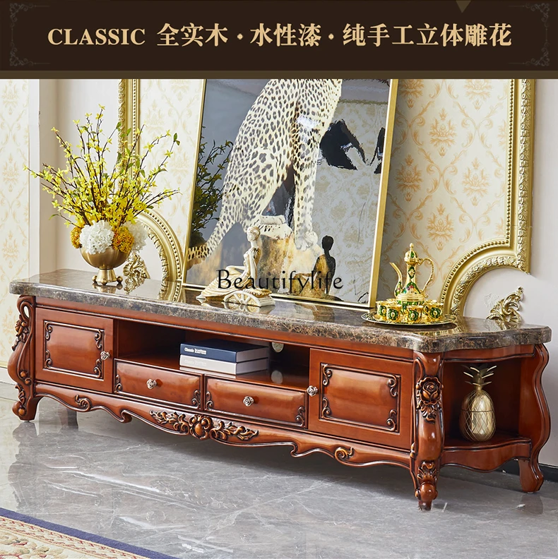 European marble TV cabinet American solid wood carving flower floor cabinet Large apartment against the wall