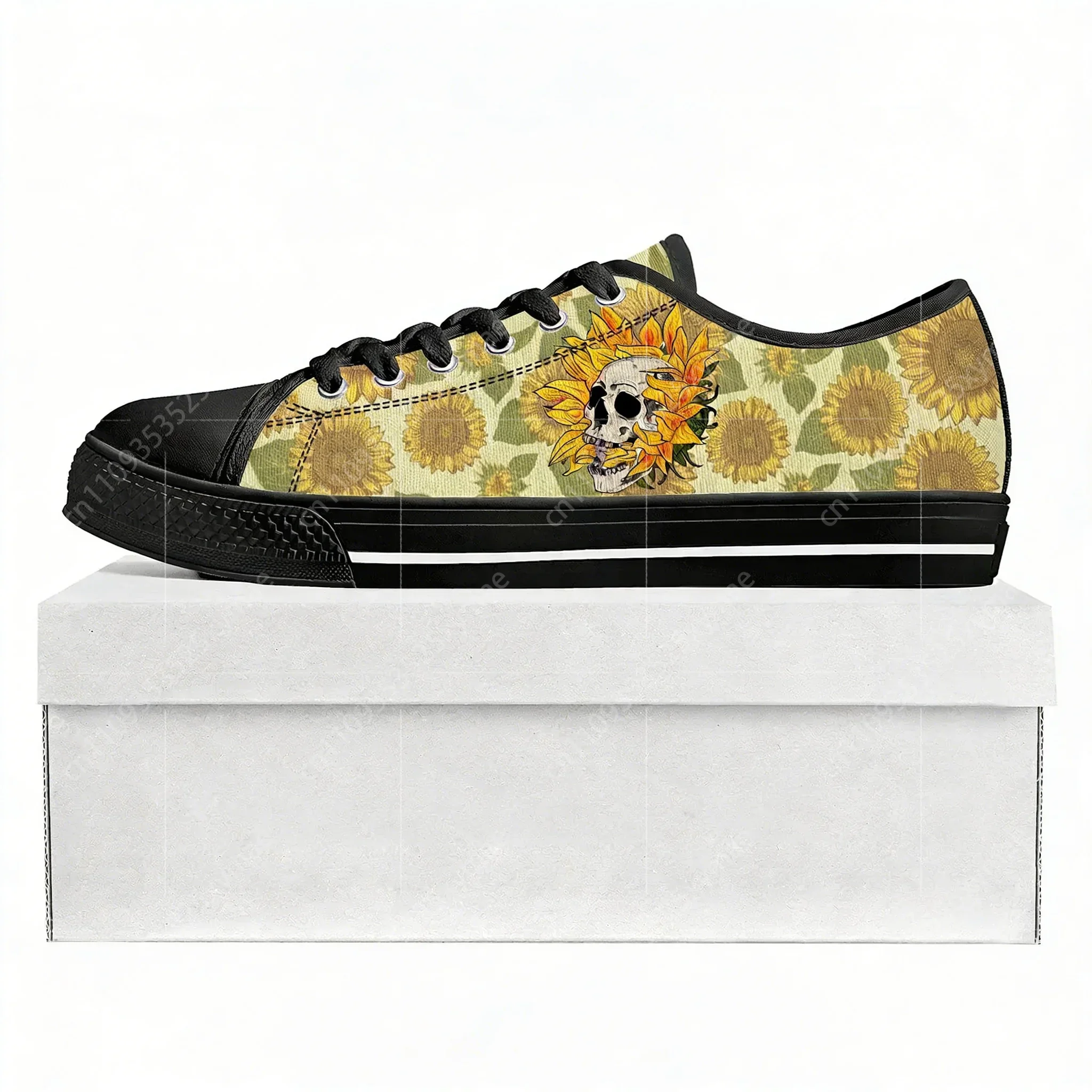 

Кроссовки Sunflower Skull Low Top высокого качества для мужчин, женщин и подростков, обувь на заказ, повседневные кеды из канваса, черные, для пар