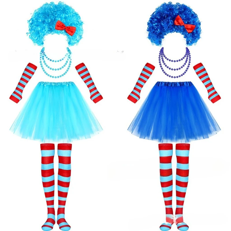 مجموعة أزياء الكرنفال - شعر مستعار أفرو مع فيونكة، سلسلة خرز متصلة، جوارب مخططة لتدفئة الذراع وتنورة توتو، طقم ملابس للحفلات الاحتفالية