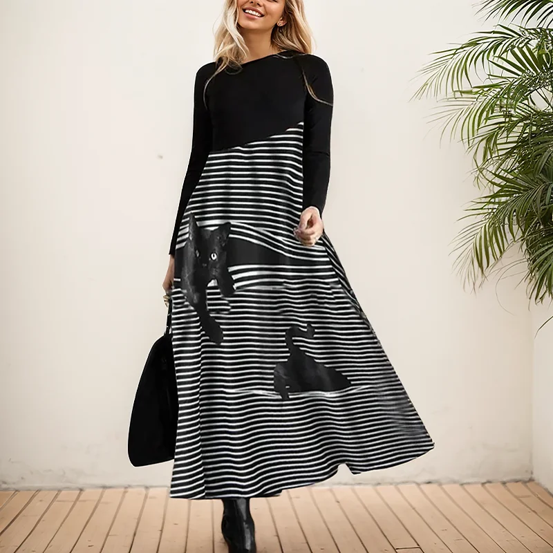 Black Cat Print Elegant Women Long Dress Stripe V-Neck A-Line Dress 2022 Autumn Long Sleeve Splicing Party Dresses Loose Vestido