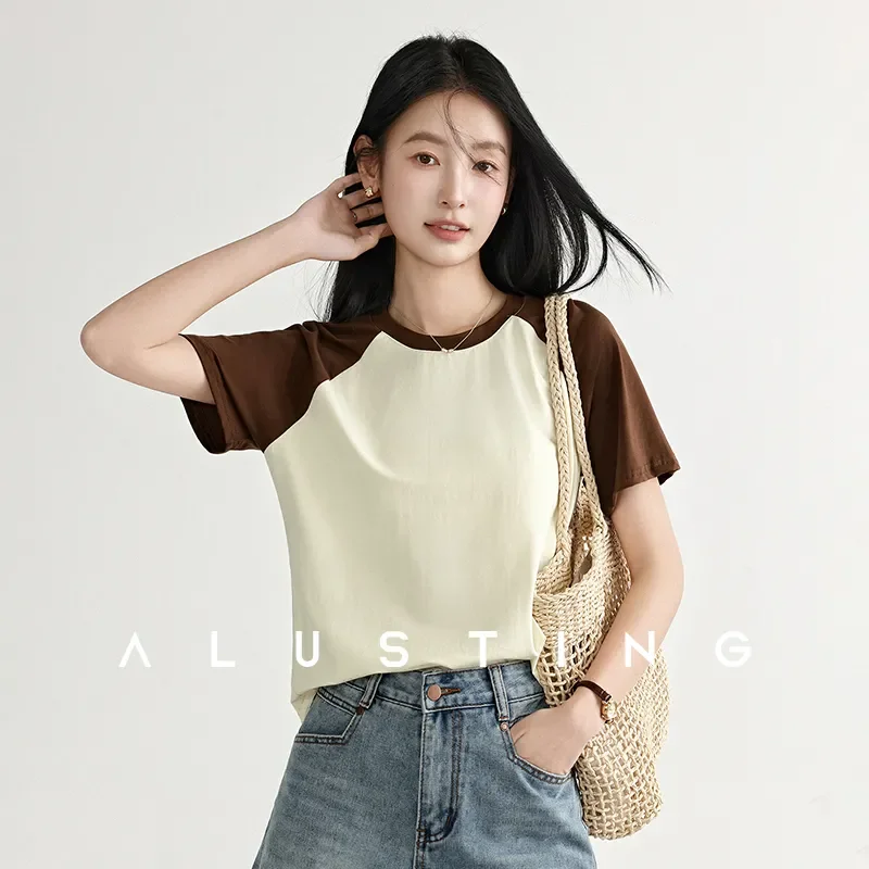 Spring Summer Women Color Block Raglan T Shirt Casual Crew Neck Short Sleeve Loose Beige Brown Cotton Basic Tee Tops
