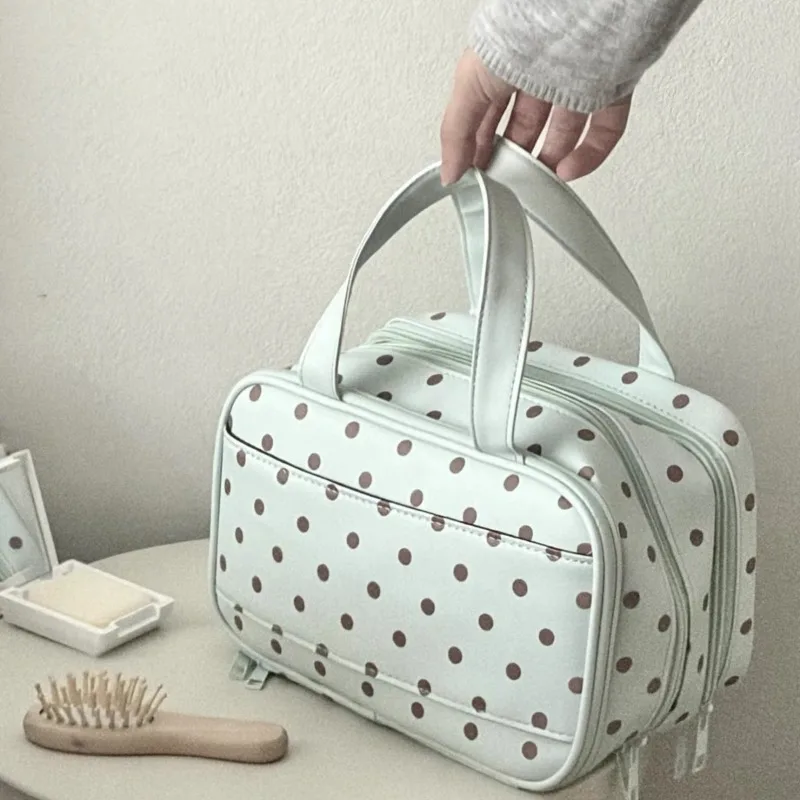 Mint Black Chocolate Polka Dot Makeup Bag, Multi Compartment Large Capacity Cosmetic Storage Pouch, Portable Handheld Travel