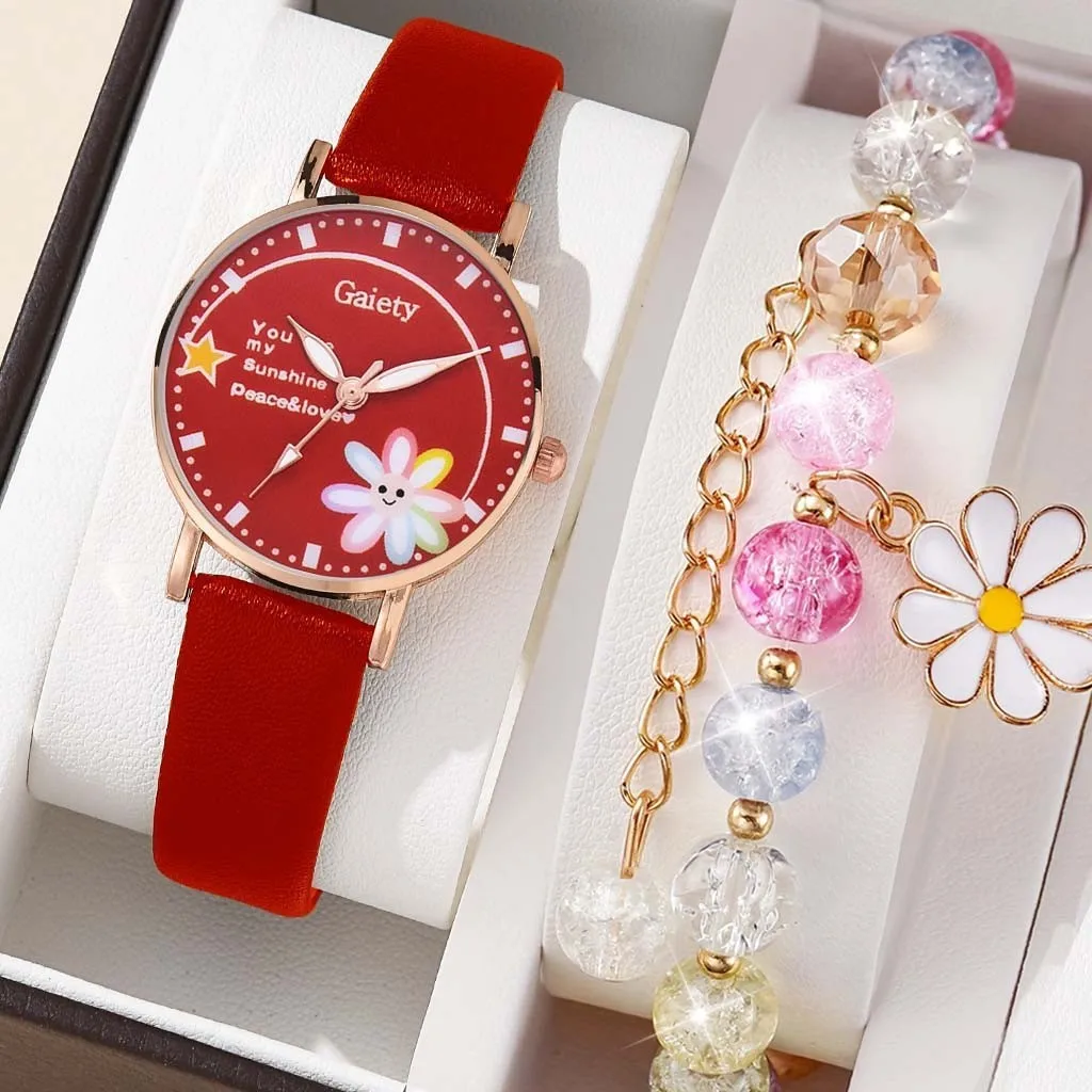 【Free Bracelet】 Cute Children's Flower Watch Candy Color Student Quartz Watches Little Daisy Bracelet Set No Box