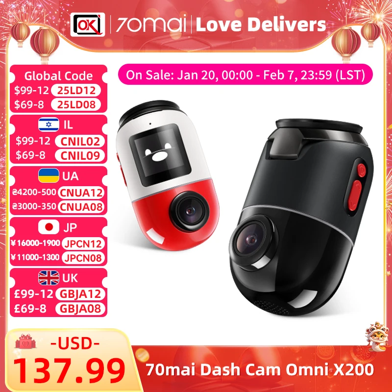 70mai Dash Cam Omni X200 AI Motion Detection 360° Full View Set-in GPS ADAS eMMC Storage Car DVR Travel Record Night Owl Vision