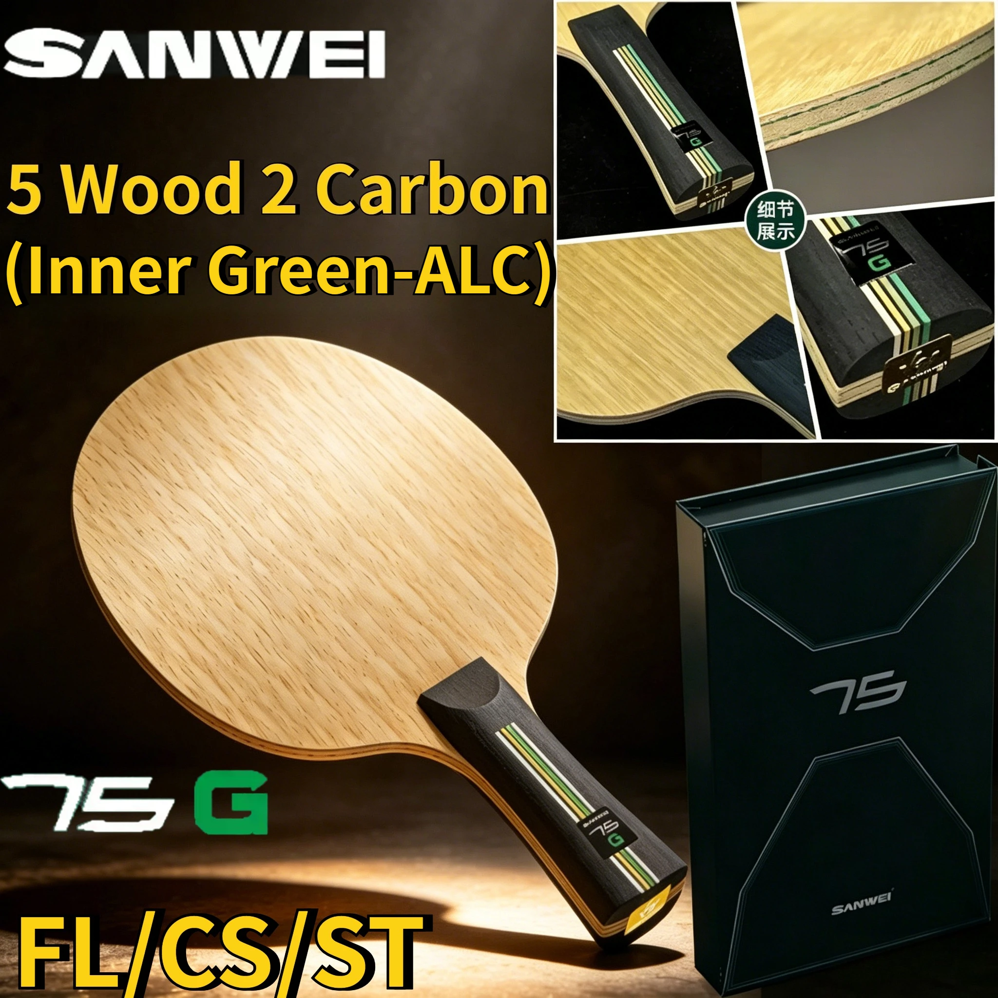 SANWEI 75G Pala de Tenis de Mesa de 7 Capas, 5 Maderas y 2 Carbonos, Núcleo Verde-ALC, Superficie de Limba, Núcleo de Ayous, Raqueta Profesional de Ping Pong