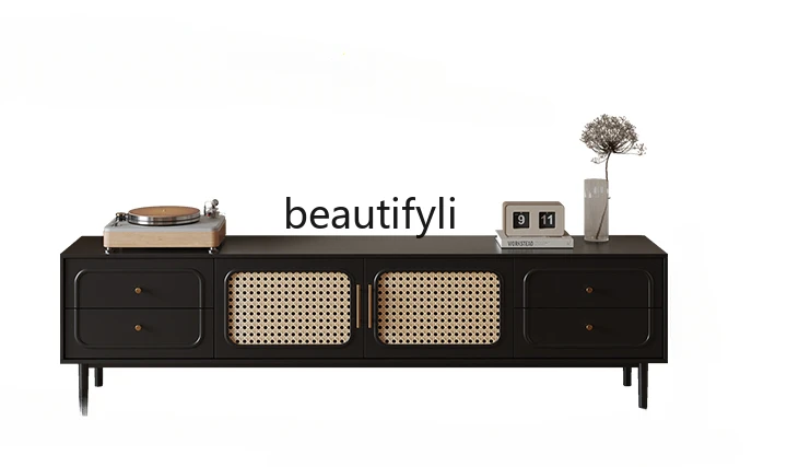 

French Retro Rattan TV Cabinet and Tea Table Combination Living Room Home Small Apartment American Furniture TV Stand