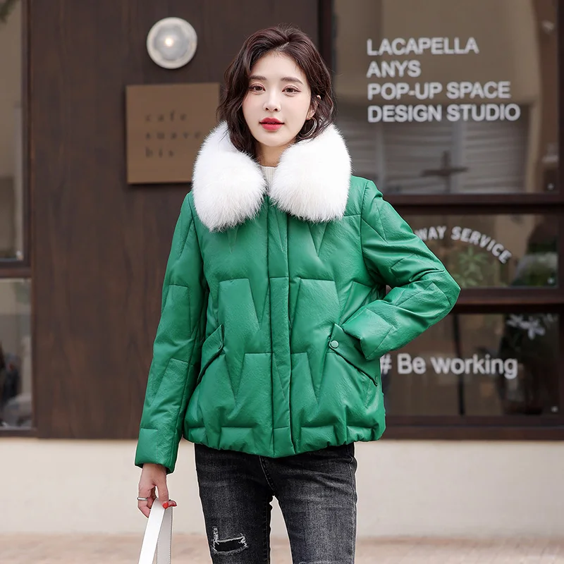 New Women Leather Down Jacket Winter Fashion Warm Real Fox Fur Collar Casual Loose Sheepskin White Duck Down Coat Split Leather