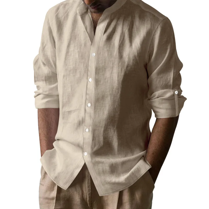 Spring and Autumn American Border Men's Hawaiian Cotton and Linen Stand-Up Neck Breathable Henry Neck Casual Long Sleeve Shirt