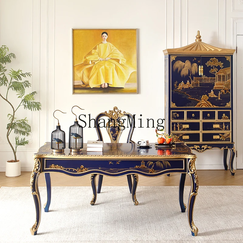 

ZYY royal blue hand-painted solid wood rectangular dining table book table chair writing desk computer table