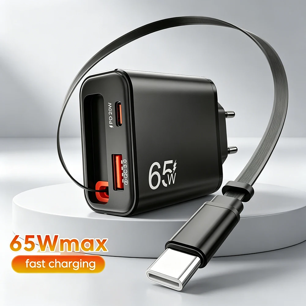 65W USB C Charger Retractable TypeC Cable PD Fast Charging Charger for iPhone  Samsung Xiaomi Huawei POCO QC3.0 USB Wall Charger