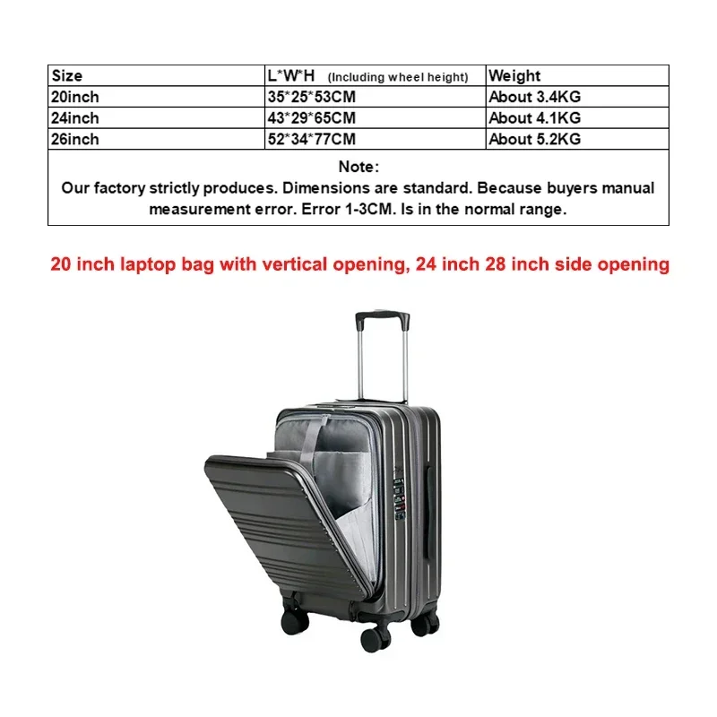 100% PC Front Open Big Capacity Suitcase Men Carry-On Luggage Women Travel Trolley Case 20 24 28Inch Cabin Suitcase