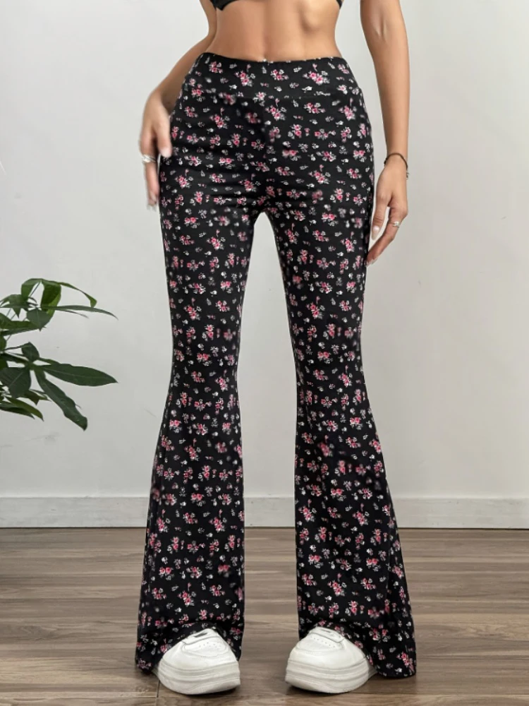 

Spring/Summer Women's Pants 2025 New Lady’s Retro Fashion Chic Style Leisure and Slim Floral Pattern Floor Length Flares Pants