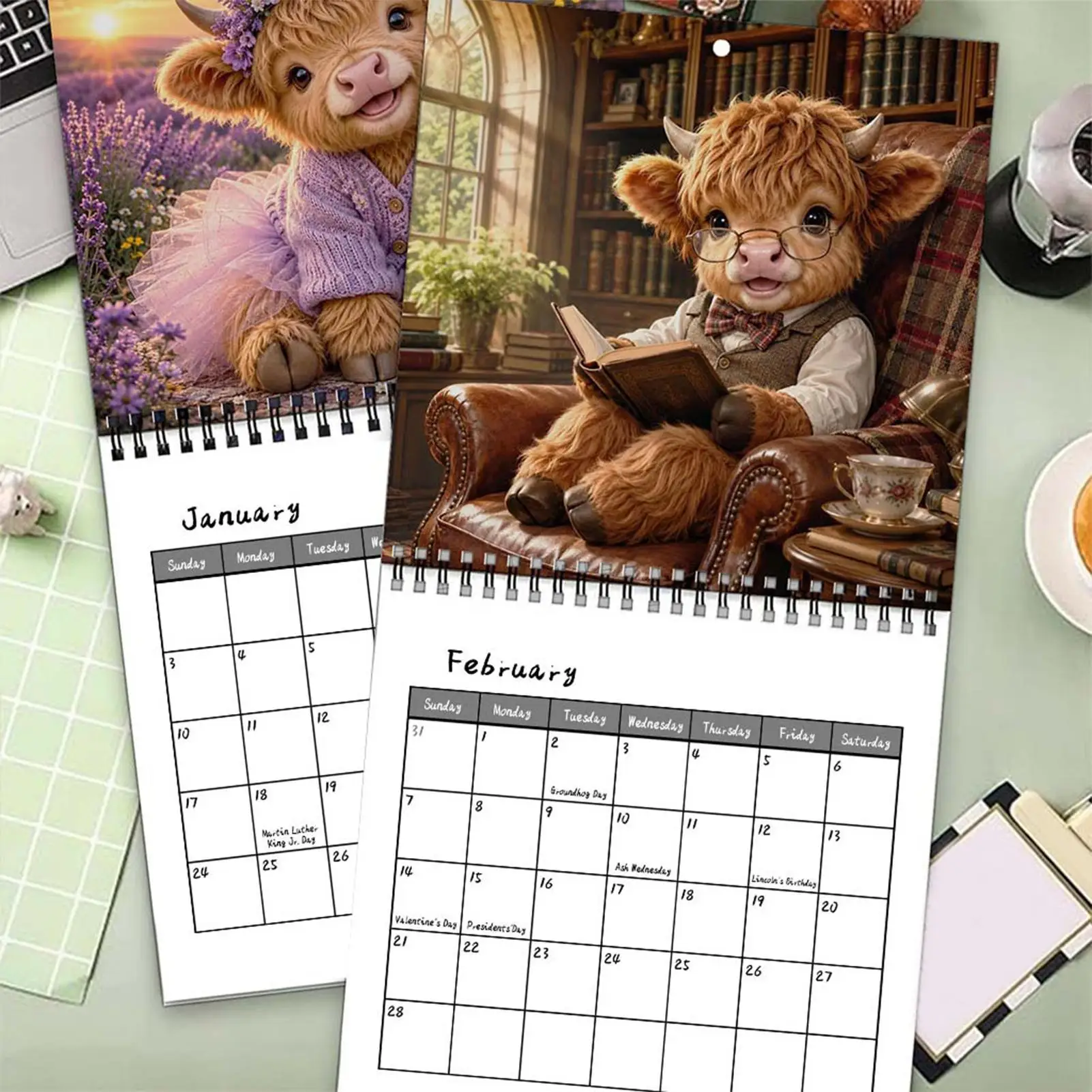 2027 Highland Cow Calendar Spiral Binding Cattle Print Artistic Schedule Wall Calendar with Writing Area for Daily Note
