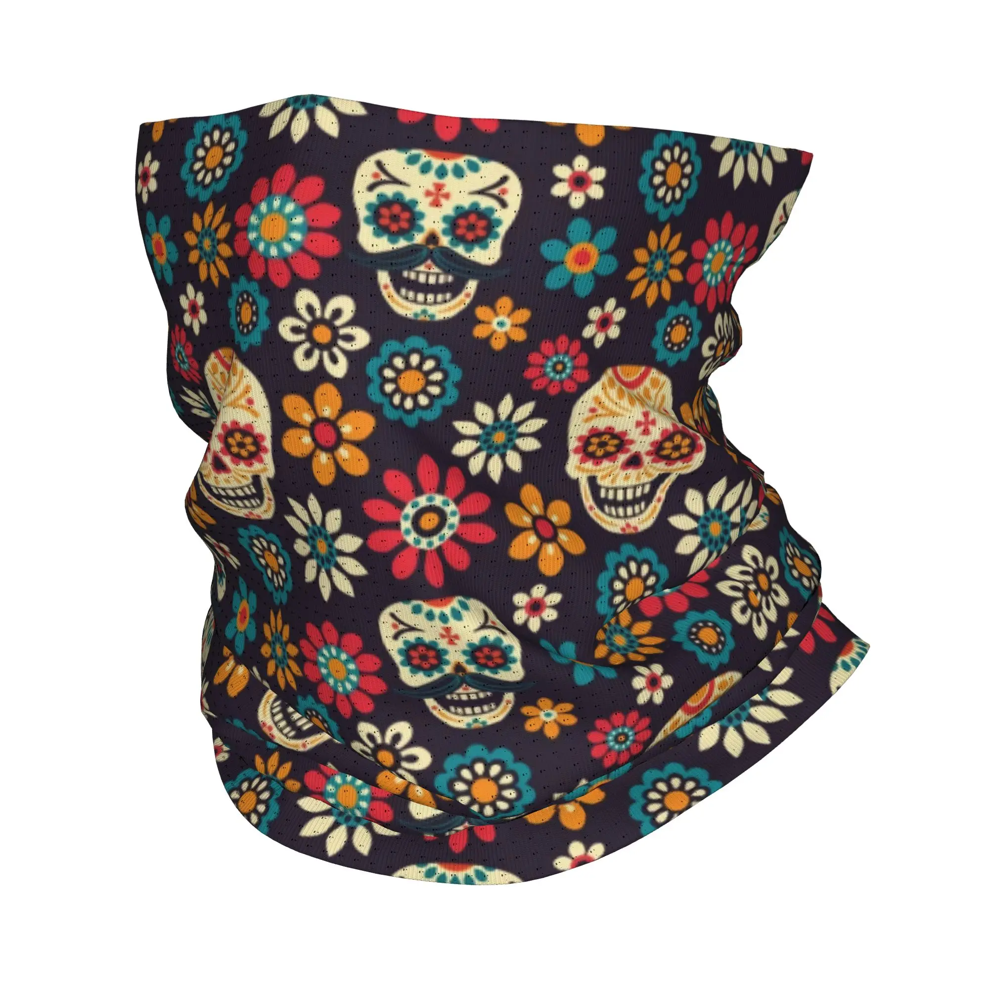 

Custom Day Of The Dead Pattern Neck Gaiter Men Women UV Face Shield Winter Sugar Skull Santa Muerte Bandana Scarf for Ski