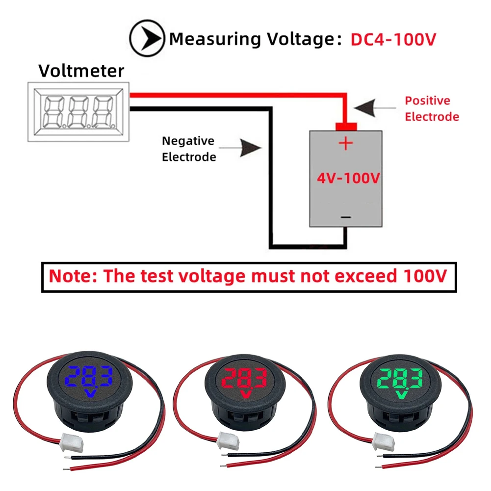 Voltmetro digitale rotondo DC5-100V LED Misuratore di tensione a 2 fili con protezione da inversione di polarità per test automobilistici e industriali