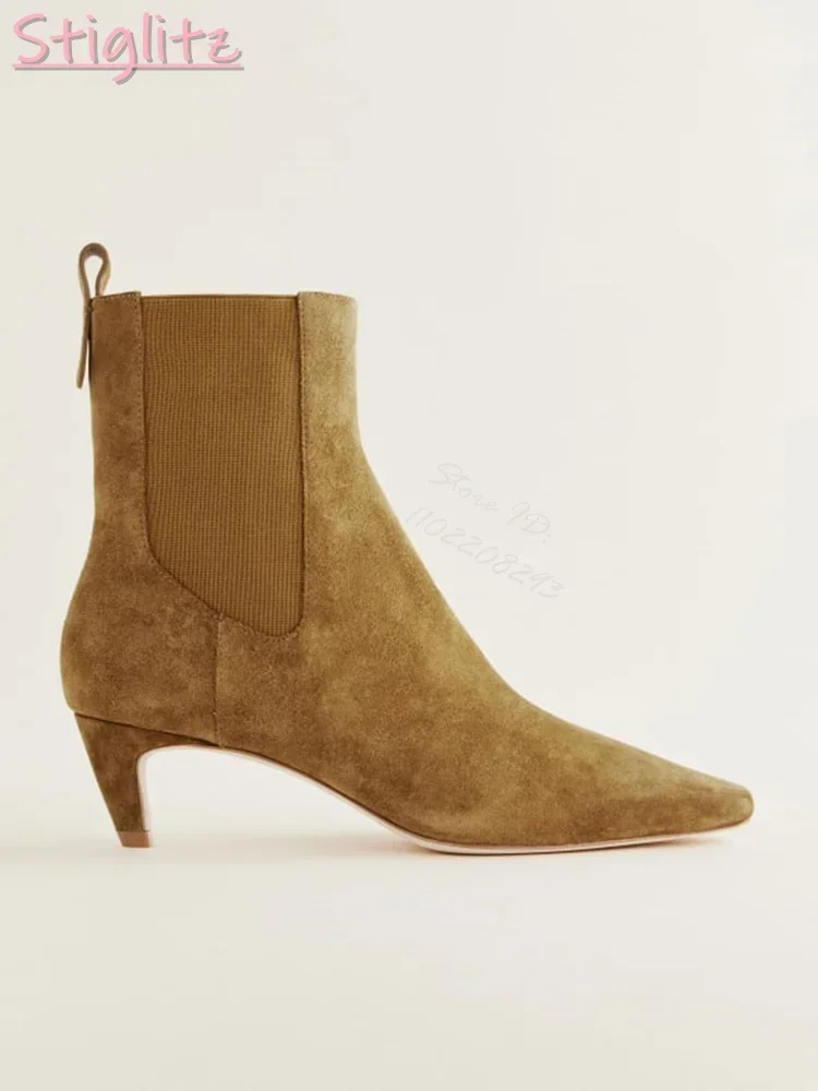 Retro Suede Chelsea Boots Low Heel Solid Pointed Stiletto Ankle Socks Boots Slip-on 2025 Autumn New Office Lady Fashion Shoes