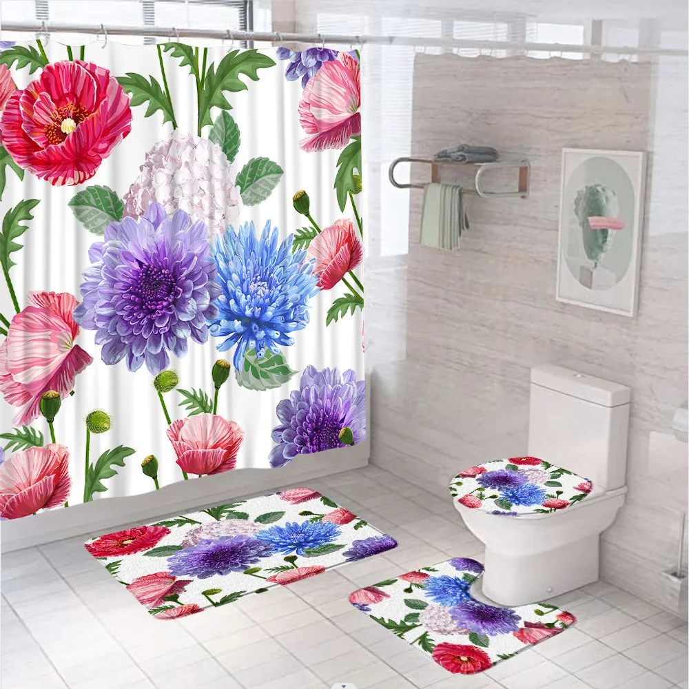 

Floral Shower Curtain Sets Hydrangea Flowers Green Leaves Garden Spring Plant Bathroom Curtains With Bath Mats Rugs Toilet Cover