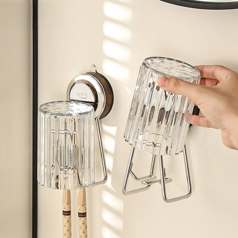 

Walnut Grain Suction Toothbrush Holder Wall Mounted Spout Cup Storage Rack No Drilling Required Bathroom Organizer