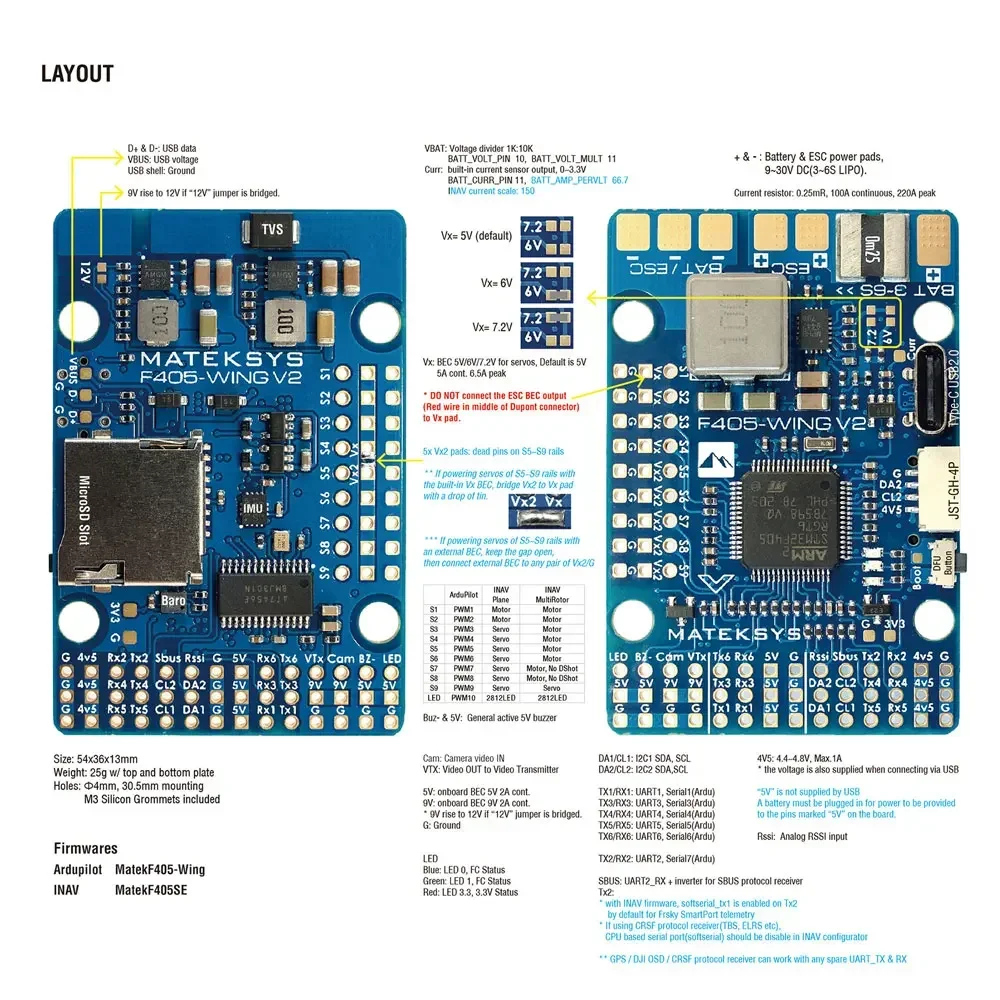 Matek MATEKSYS F405 WING V2 STM32F405RGT6 Kontroler Lotu Wbudowany ICM42688P OSD Gniazdo SD Dla ArduPilot / INAV Samolot Zabawka RC