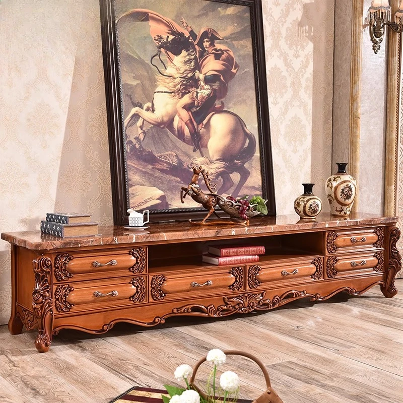 

European marble TV cabinet living room full solid wood carving flower retro American floor cabinet home high-end bedroom locker