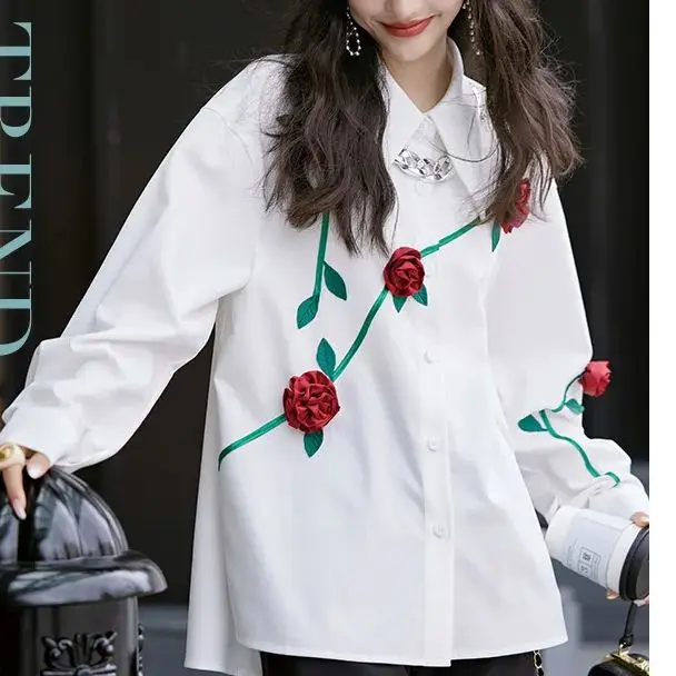 

Shirt Trendy 3D Rose Design Women Chic Button Up Spring Autumn Office Lady Elegant Long Sleeve Blouse Casual Loose Tops Blusas